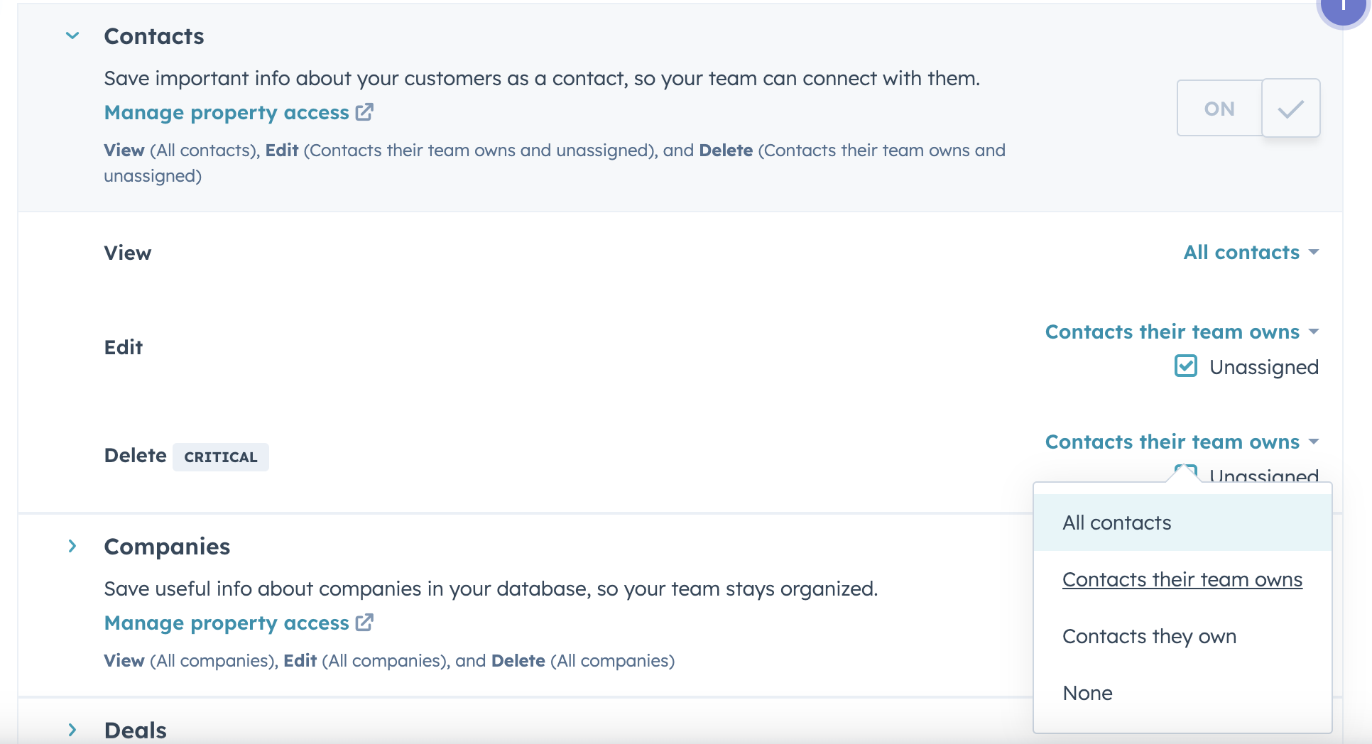 A screenshot of HubSpot permissions restricting access to Contact Their Team Owns